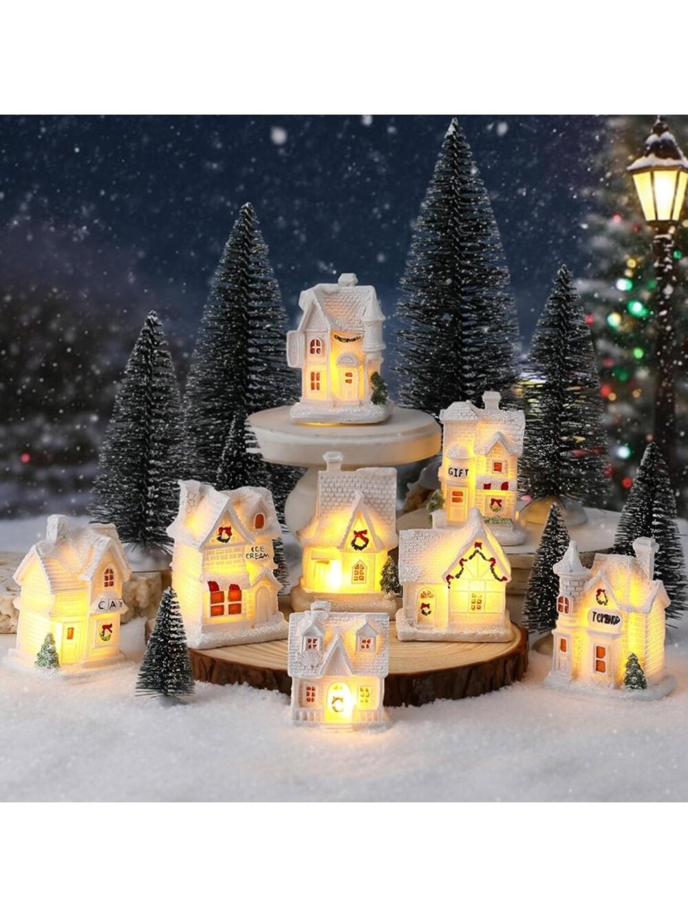 16 Pcs Winter Miniature Village Set with LED Houses & Pine Trees - Snow Decor